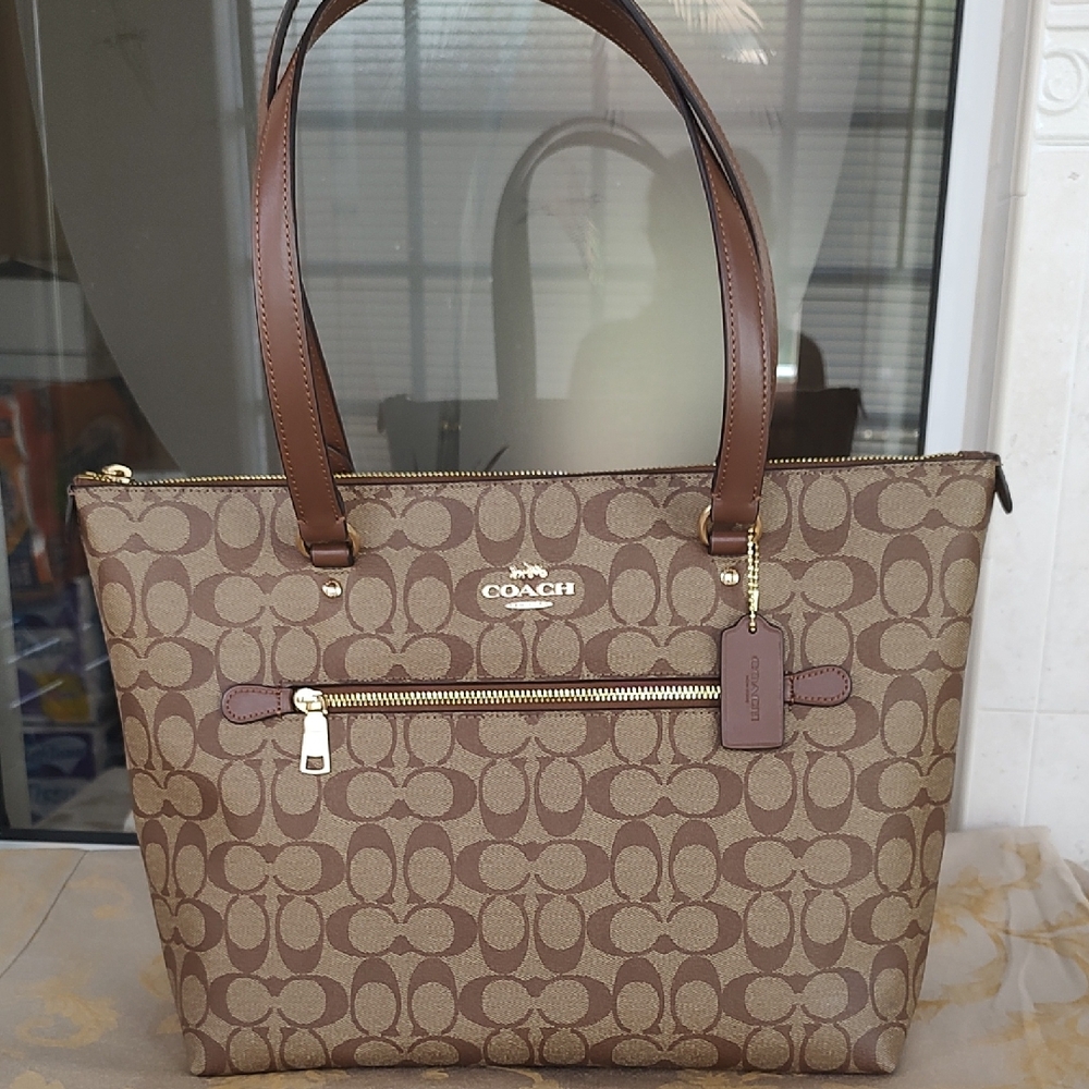 New Coach Brown Monogram Tote with Leather Trim NWOT